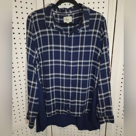 G.H. Bass XXL Navy Blue Plaid Button up Long Sleeve High Low - Picture 1 of 8
